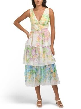 Dalia MacPhee Dress Floral Tiered Metallic Silk Chiffon White Multi Midi L